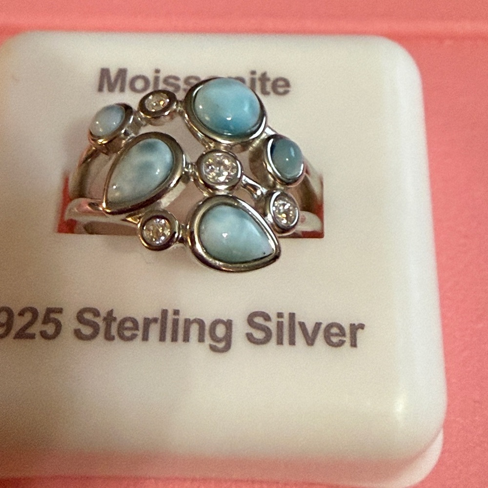 Sterling Silver Larimar & Moissanite Ring